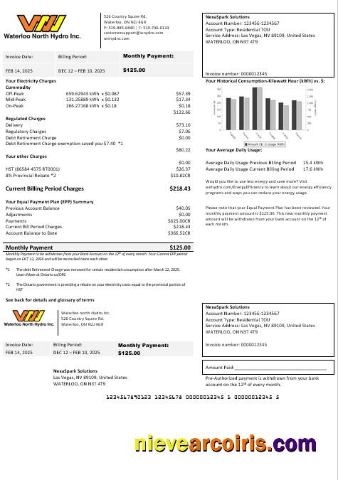 USA Nevada Waterloo North Hydro business utility bill (version 2)